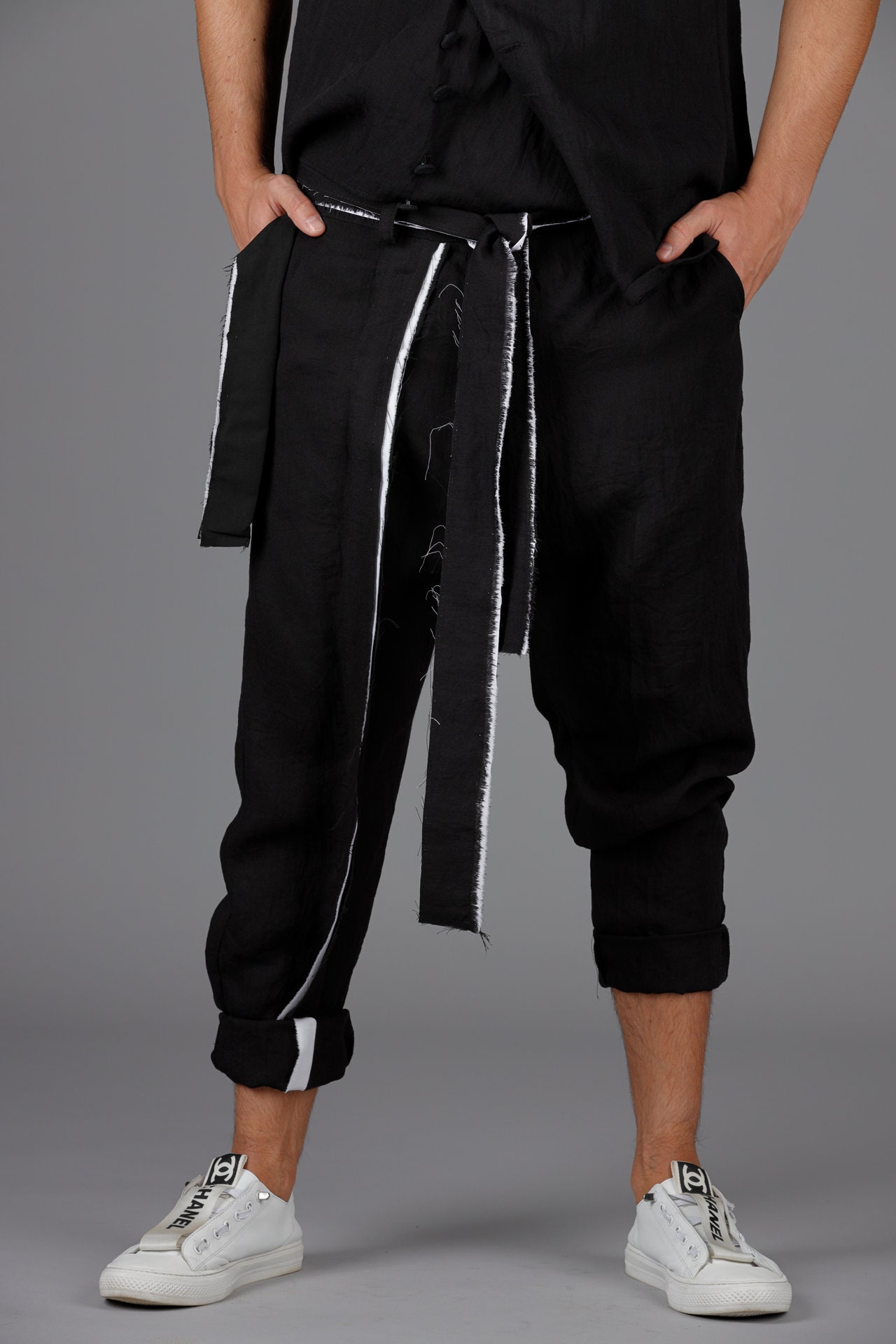 Black Wool Drop Crotch Pants: Japanese Streetwear With Belted