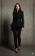 Black Italian Wool & Cotton Ruffle Peplum Blazer with Asymmetric Front
