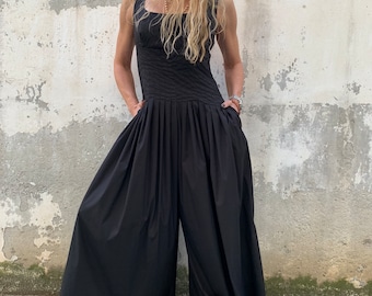 Wide Leg Cotton Jumpsuit: Sleeveless Black Romper with Pockets