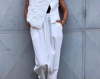 White Drop Crotch Harem Pants: Italian Cotton Blend, Elastic Waist