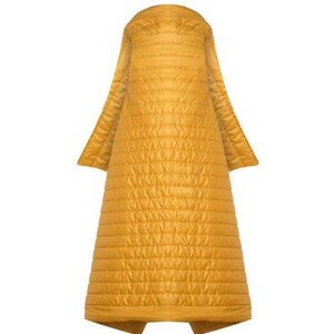 May include: Mustard-yellow quilted coat with a hood and long sleeves. The coat has a vertical quilted pattern and a flared A-line shape. The coat is made of a lightweight material.