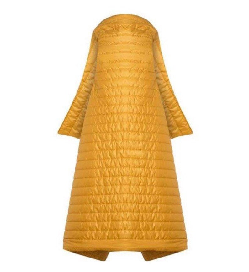 May include: Mustard-yellow quilted coat with a hood and long sleeves. The coat has a vertical quilted pattern and a flared A-line shape. The coat is made of a lightweight material.