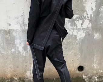 Asymmetric Denim Blazer: Italian Cotton Long Sleeve Jacket