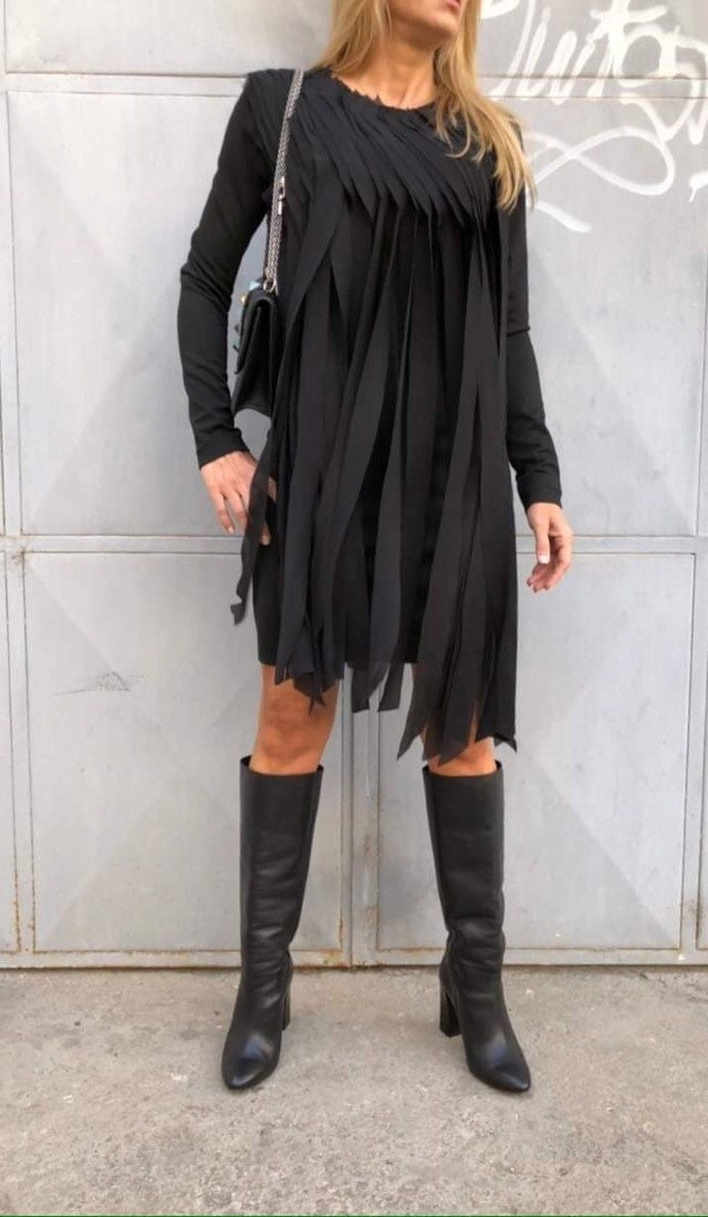 Black Mini Dress Long Sleeve Asymmetric Chiffon Fringe Tunic
