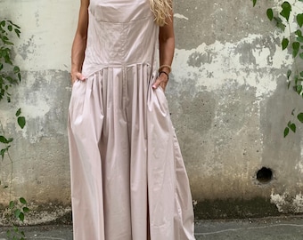 Beige Handmade Italian Cotton Wide Leg Jumpsuit: Sleeveless Summer Overalls
