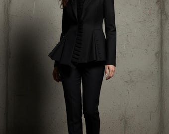 Black Italian Wool & Cotton Ruffle Peplum Blazer With Asymmetric