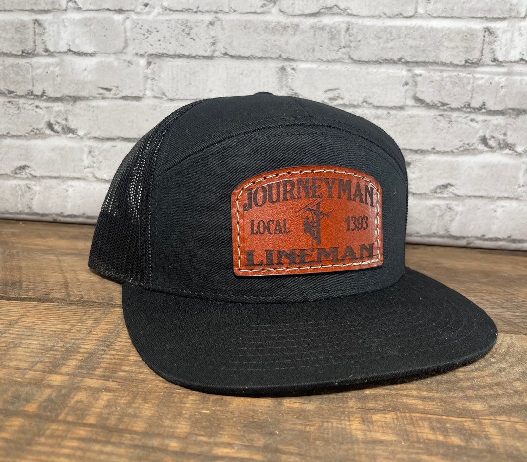 Journeyman Lineman Custom Local Flat Bill Style Leather Patch Hat, Lineman, Journeyman Lineman