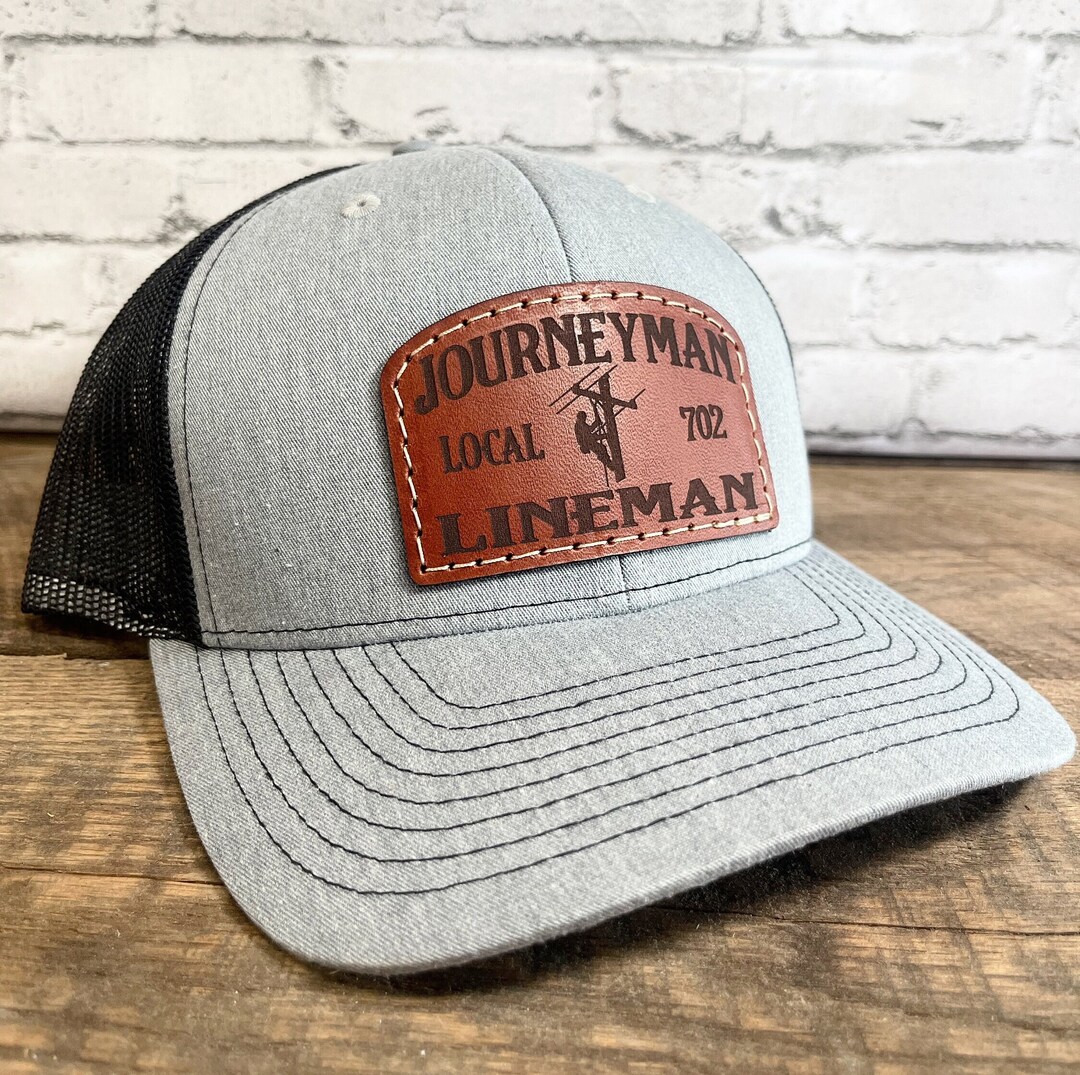 Journeyman Lineman Custom Local Trucker Style Leather Patch Hat, Lineman, Journeyman Lineman Hat