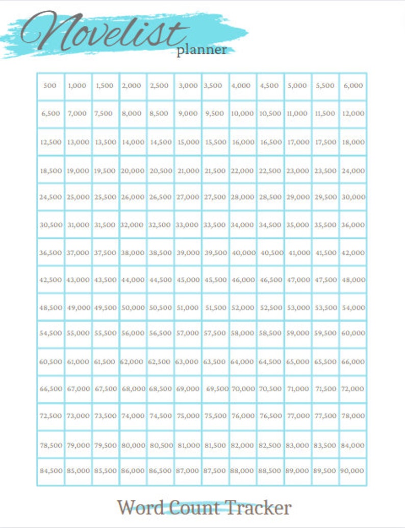 May include: A blue and white word count tracker chart for novelists. The chart is divided into columns with numbers from 500 to 90,000 in increments of 500. The chart is labeled "Novelist Planner" and "Word Count Tracker".