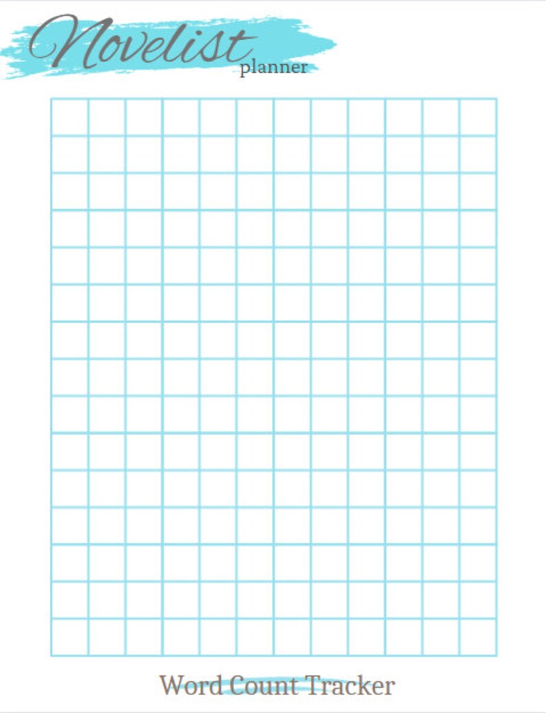 May include: A blank grid with the text "Novelist planner" and "Word Count Tracker" at the top and bottom of the grid, respectively.