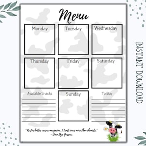Cow Themed  Weekly Menu Planner - Farm life, Farmhouse, family menu, kids