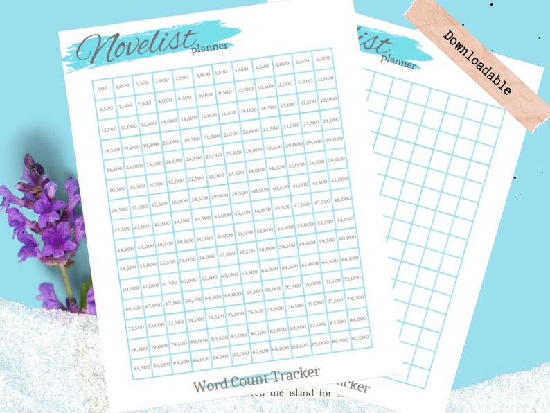 May include: A printable word count tracker for novelists. The tracker is a grid with numbers from 500 to 100,000 in increments of 500. The grid is on a white background with a light blue border.