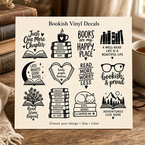 May include: A square sheet of black vinyl decals on a cream background featuring twelve book-themed designs with text including Just One More Chapter, Books are my Happy Place, and Read More Worry Less, with various illustrations of books, cats, and mugs.
