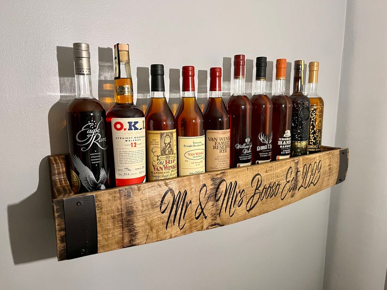 Customizable Floating Bourbon Barrel Stave Shelf with Free Shipping. shelves/groomsman gift/rustic wall shelf/wedding/bourbon gifts for men