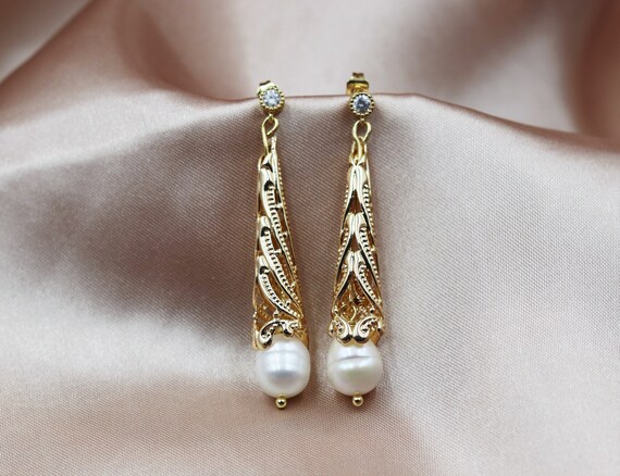 Malabar Ivory Pearl Diamond Earrings Platinum 24k Gold