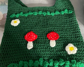 crocheted mushroom crossbody tote bag