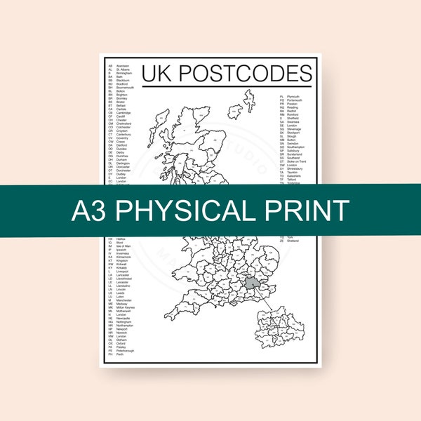 A3 UK Postleitzahl Landkarte Print | Small Business Bestellverfolgung Poster | Illustrierte Staykation Reisefarbe In | Organisation und Tracking