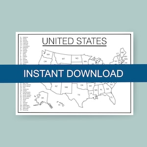 May include: A monochrome map of the United States, showing state boundaries and abbreviations. The title "UNITED STATES" is at the top, with the words "INSTANT DOWNLOAD" across the centre. A list of state abbreviations is on the left.