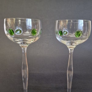 Art Nouveau Theresienthal Glass Bavaria Pair of Long Stem Hock Glasses Circa 1910. Green Glass applied Jewels image 1