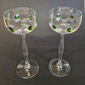 Art Nouveau Theresienthal Glass Bavaria Pair of Long Stem Hock Glasses Circa 1910. Green Glass applied Jewels image 2