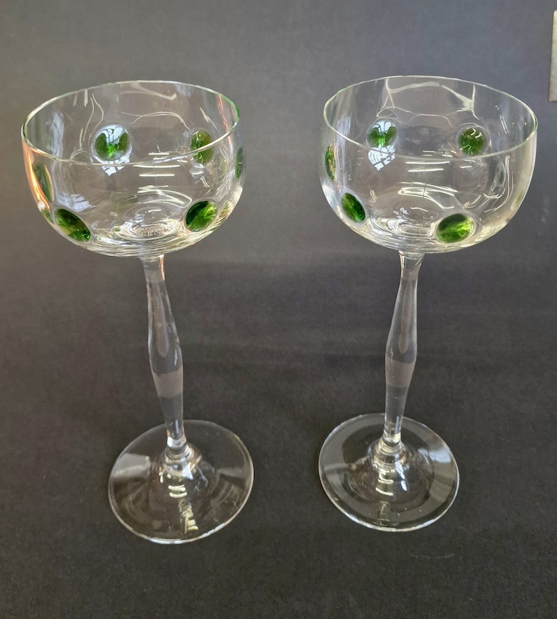 Art Nouveau Theresienthal Glass Bavaria Pair of Long Stem Hock Glasses Circa 1910. Green Glass applied Jewels image 2
