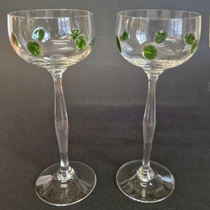 Art Nouveau Theresienthal Glass Bavaria Pair of Long Stem Hock Glasses Circa 1910. Green Glass applied Jewels image 6