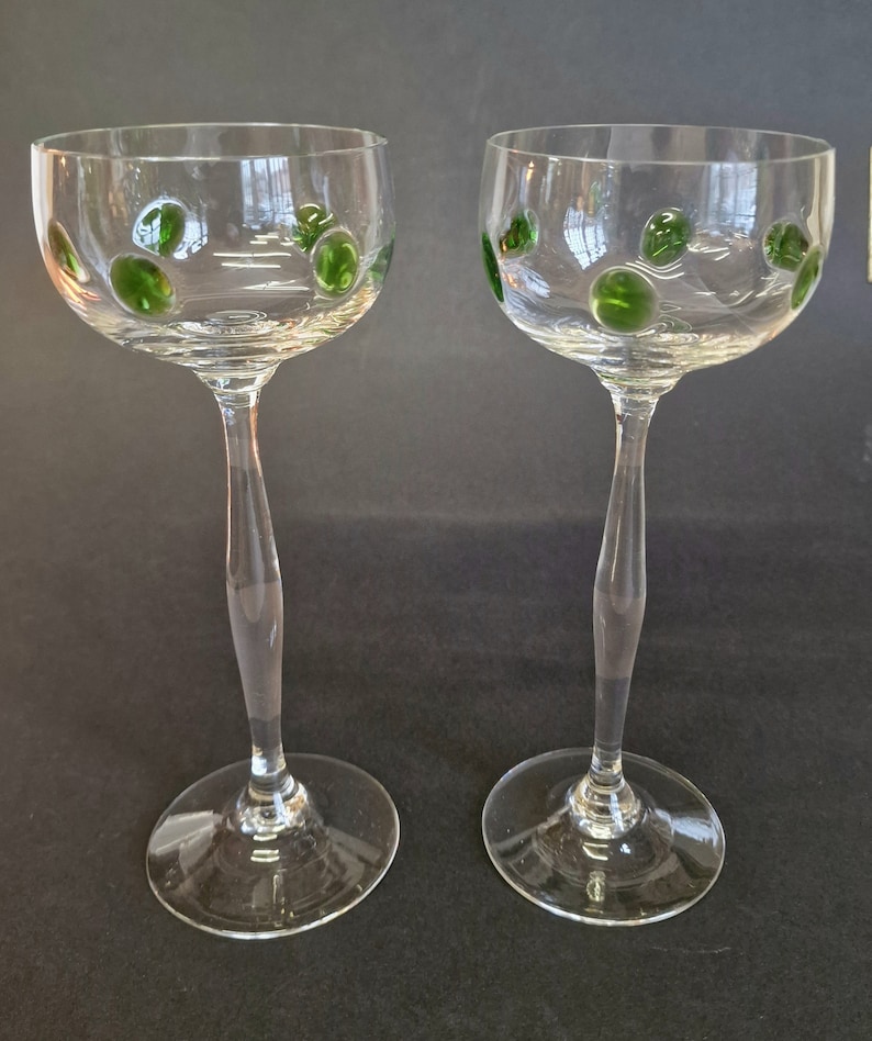 Art Nouveau Theresienthal Glass Bavaria Pair of Long Stem Hock Glasses Circa 1910. Green Glass applied Jewels image 6