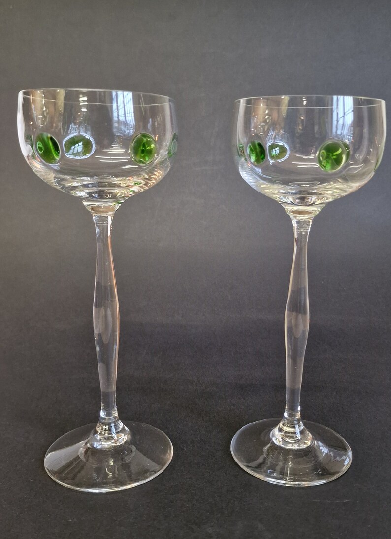 Art Nouveau Theresienthal Glass Bavaria Pair of Long Stem Hock Glasses Circa 1910. Green Glass applied Jewels image 1