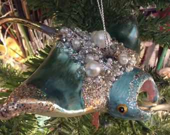 Bejeweled Blue Manta Ray Ornament with Pearls