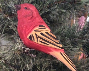 Red Wood Painted Bird Ornament