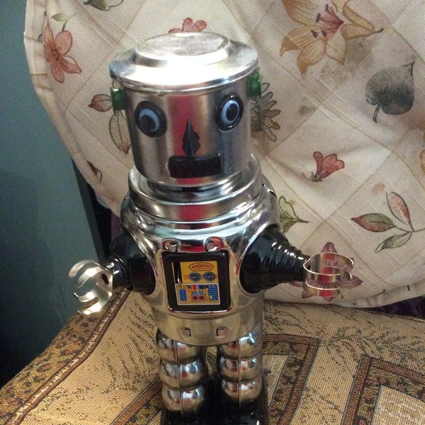 Silver and Black Robot Tin Toy