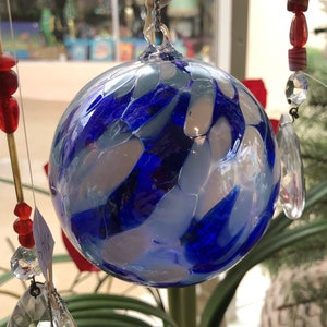 Small Blue and White Dot Hand Blown Polish Glass Ornament