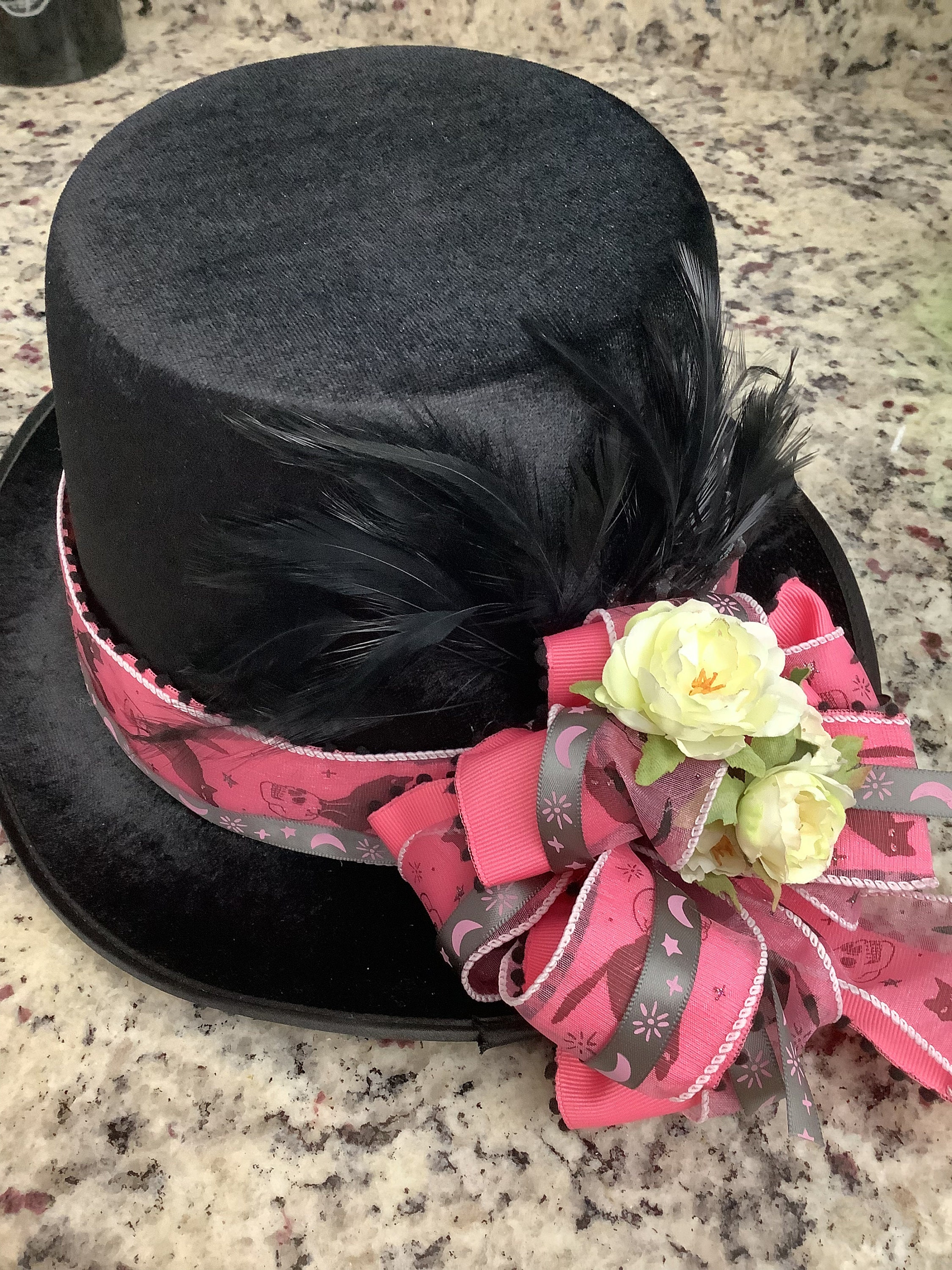 Top Hat With White Roses Feathers Pink Andblack Ribbons - Etsy display picture 1