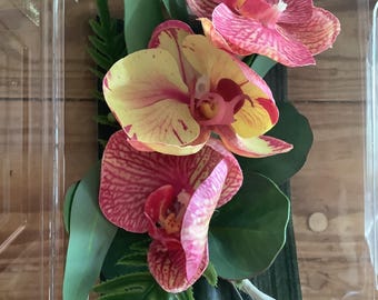 Silk Corsage with Colorful Phaleanopsis Orchids Fern and Eucalyptus