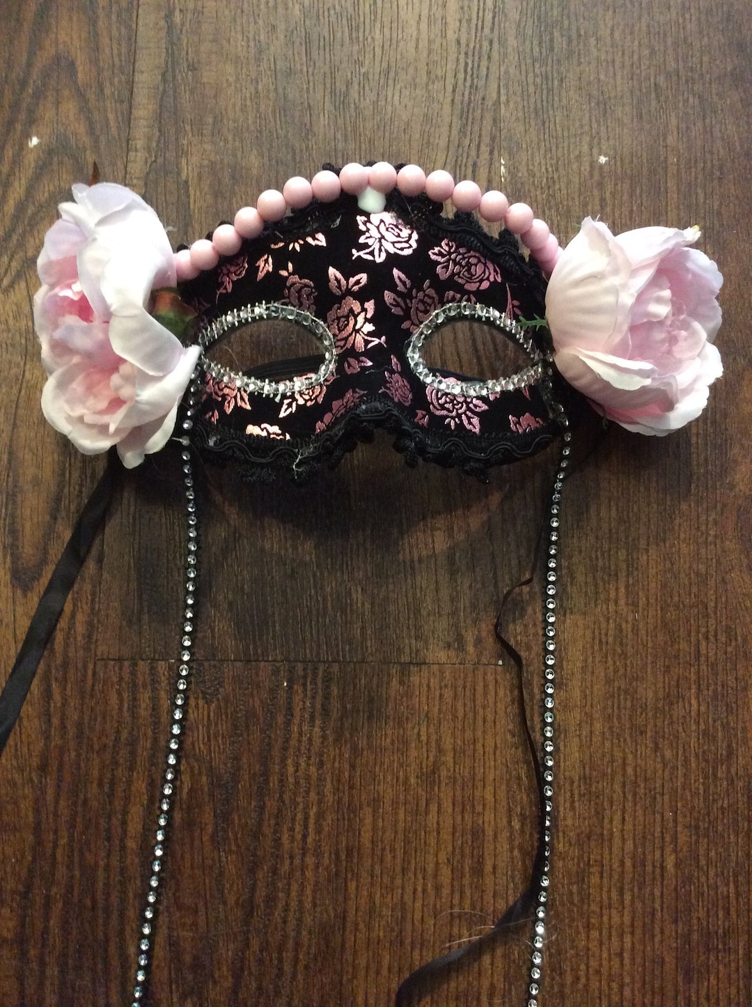 Black and Pale Pink Brocade Mask With Large Roses and Pearl Trim - Etsy