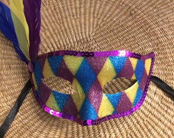 Colorful Harlequin Mask with Feathers