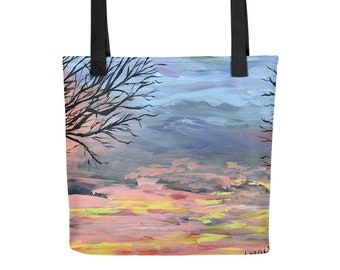 pink tote bag, tree tote bag, pink blue tote bag, art tote bag, tote bag, tree silhouette art, tree decor, nature tote bag, nature decor