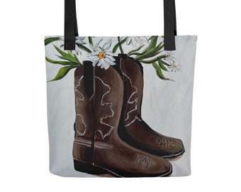 cowboy boots and daisies, cowboy boots tote bag, daisies tote bag, cowboy boots art, daisy bag, daisy art, country tote bag