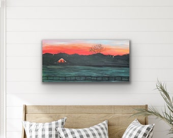 red barn painting, red barn canvas, red barn wall art, landscape painting, farm painting, red sky, winter sunset, sunset painting