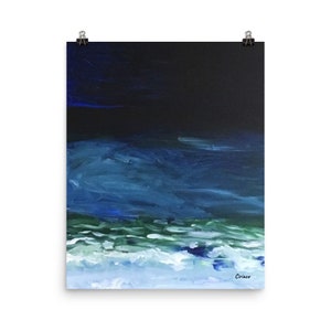 Puede incluir: Pintura abstracta de un cielo azul oscuro sobre un mar verde y blanco. La pintura está firmada "Ciriaco" en la esquina inferior derecha.