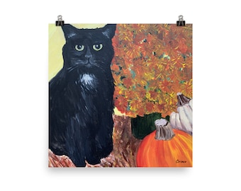 black cat print, black cat decor, black cat art print, black cat artwork, halloween decor, halloween art, halloween artwork, fall decor