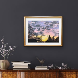 imprimé d’art violet, peinture pourpre de coucher du soleil, œuvre d’art pourpre, art de toile, art de mur, silhouette, décor de maison, peinture impressionniste