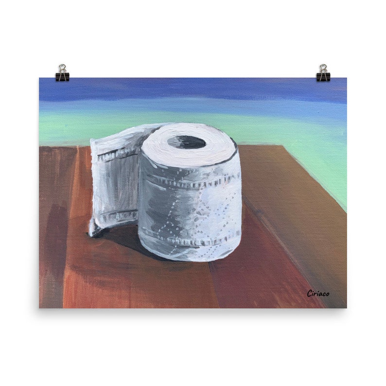 May include: A painting of a roll of white toilet paper on a brown wooden surface. The background is a blue and green gradient.