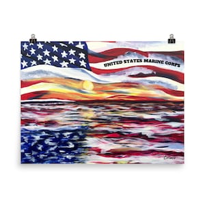 impressão do corpo de fuzileiros navais, presente do corpo de fuzileiros navais, arte do corpo de fuzileiros navais, impressão da bandeira americana, arte dos EUA, arte da bandeira americana, arte de parede vermelha branca azul, presente de veterano