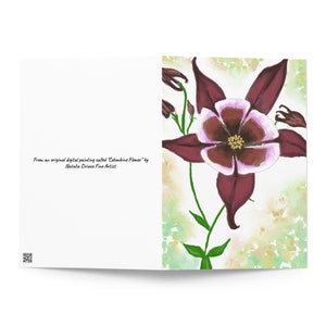 Akelei-wenskaart, akelei-kaart, bloemenkaart, rode bloemenkaart, bloemencadeau, rode bloemencadeau