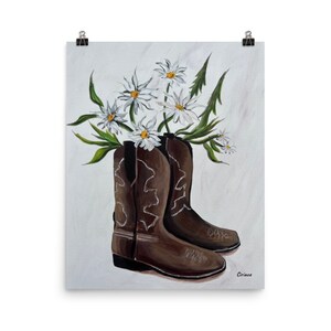 cowboy boots and daisies, cowboy boots print, daisies print, cowboy boots art, daisy painting, daisy art, country print