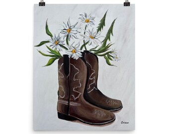 cowboy boots and daisies, cowboy boots print, daisies print, cowboy boots art, daisy painting, daisy art, country print