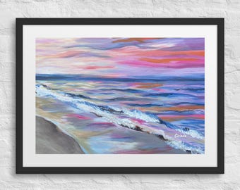 pink beach framed print, pink beach, sunset beach, pink beach print