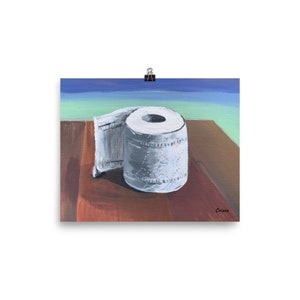 May include: A painting of a white toilet paper roll on a wooden surface. The background is a blue and green gradient.