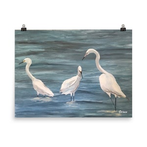 egret print, Egret painting, white egrets in water print, egrets in water print, white birds print, wildlife painting, home decor